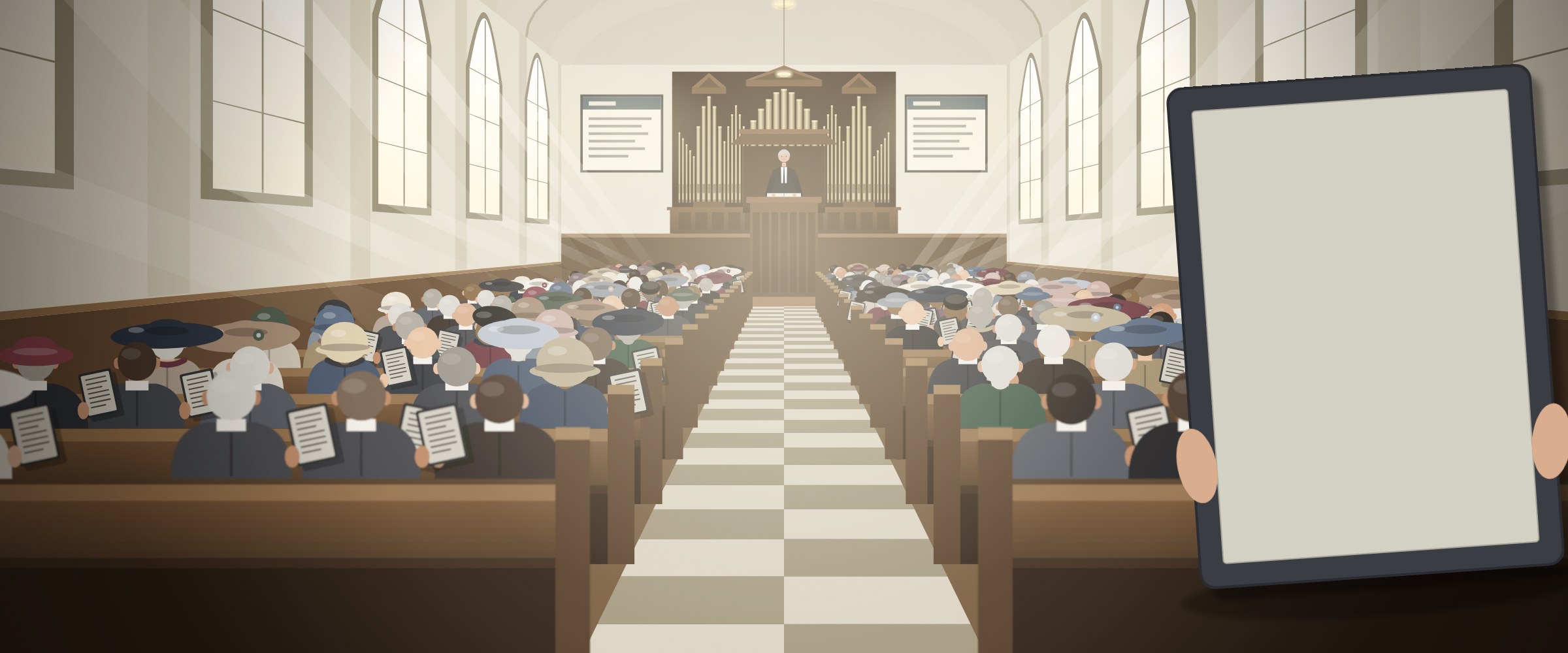 Gemeente in een kerkdienst, lezend van een e-reader