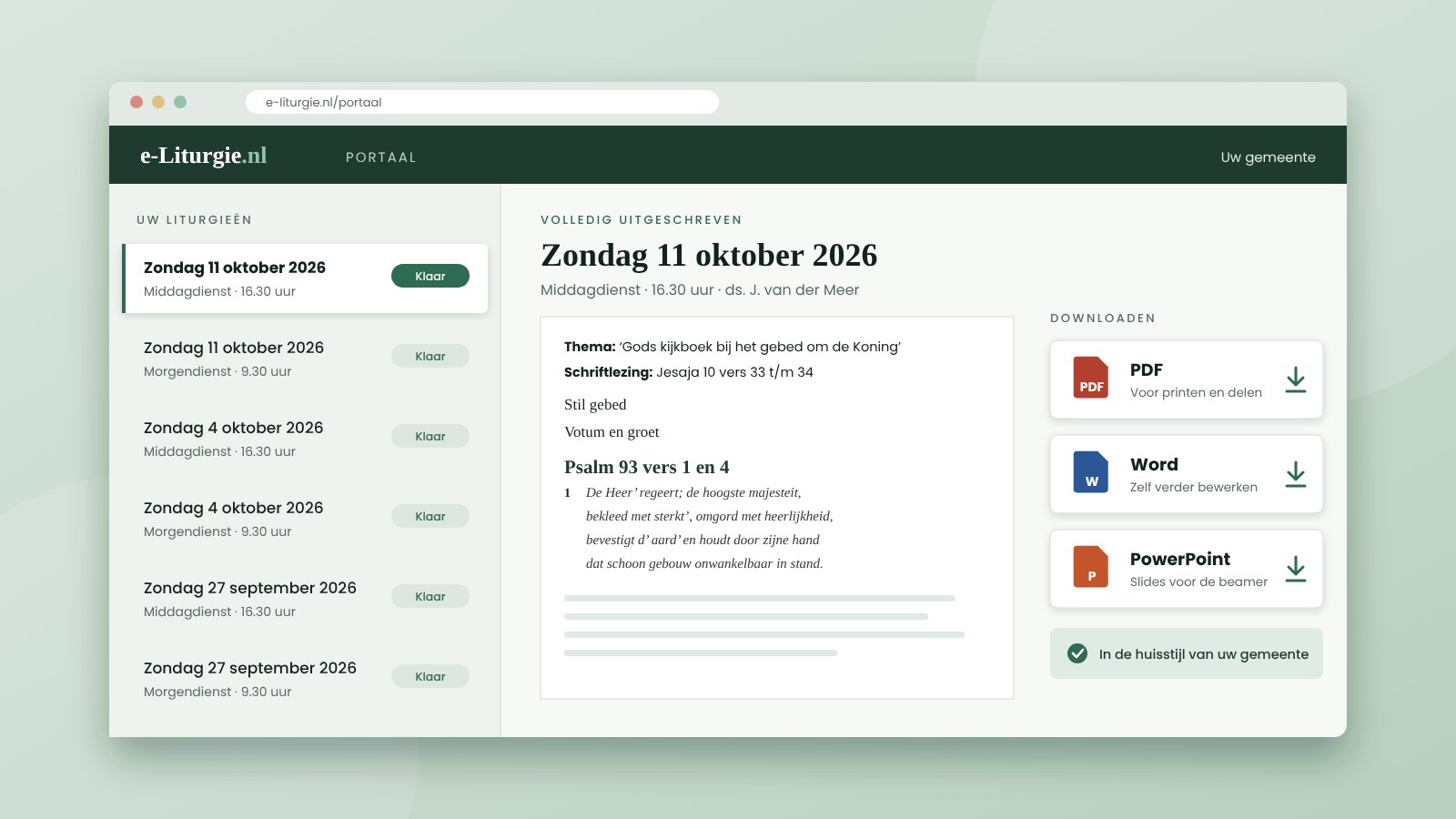 Het e-Liturgie portaal met de volledig uitgeschreven liturgie en knoppen om te downloaden als PDF, Word en PowerPoint